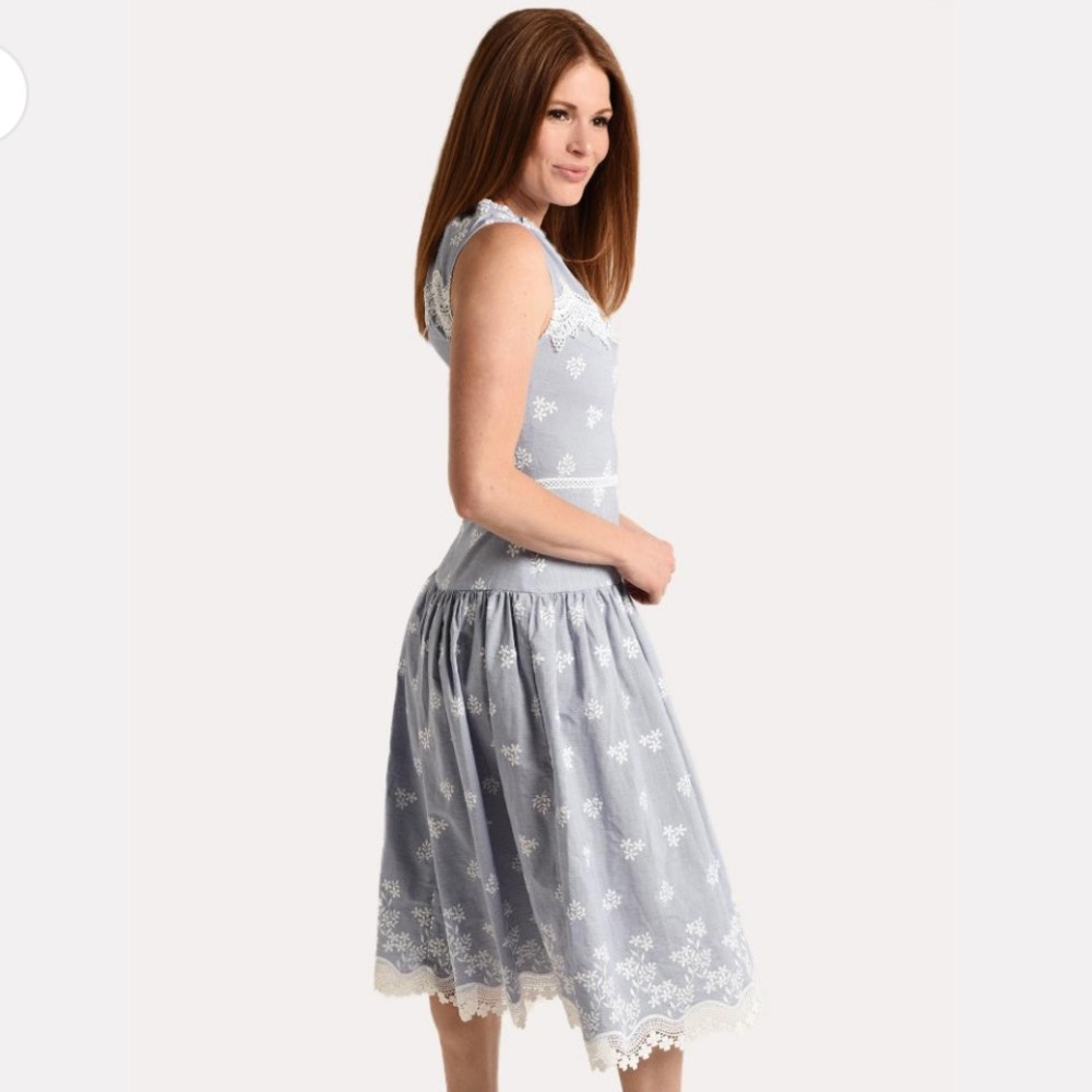 Monique Lhuillier Blue Sleeveless Embroidered Lace Poplin Midi Dress Size 14 - Picture 4 of 16